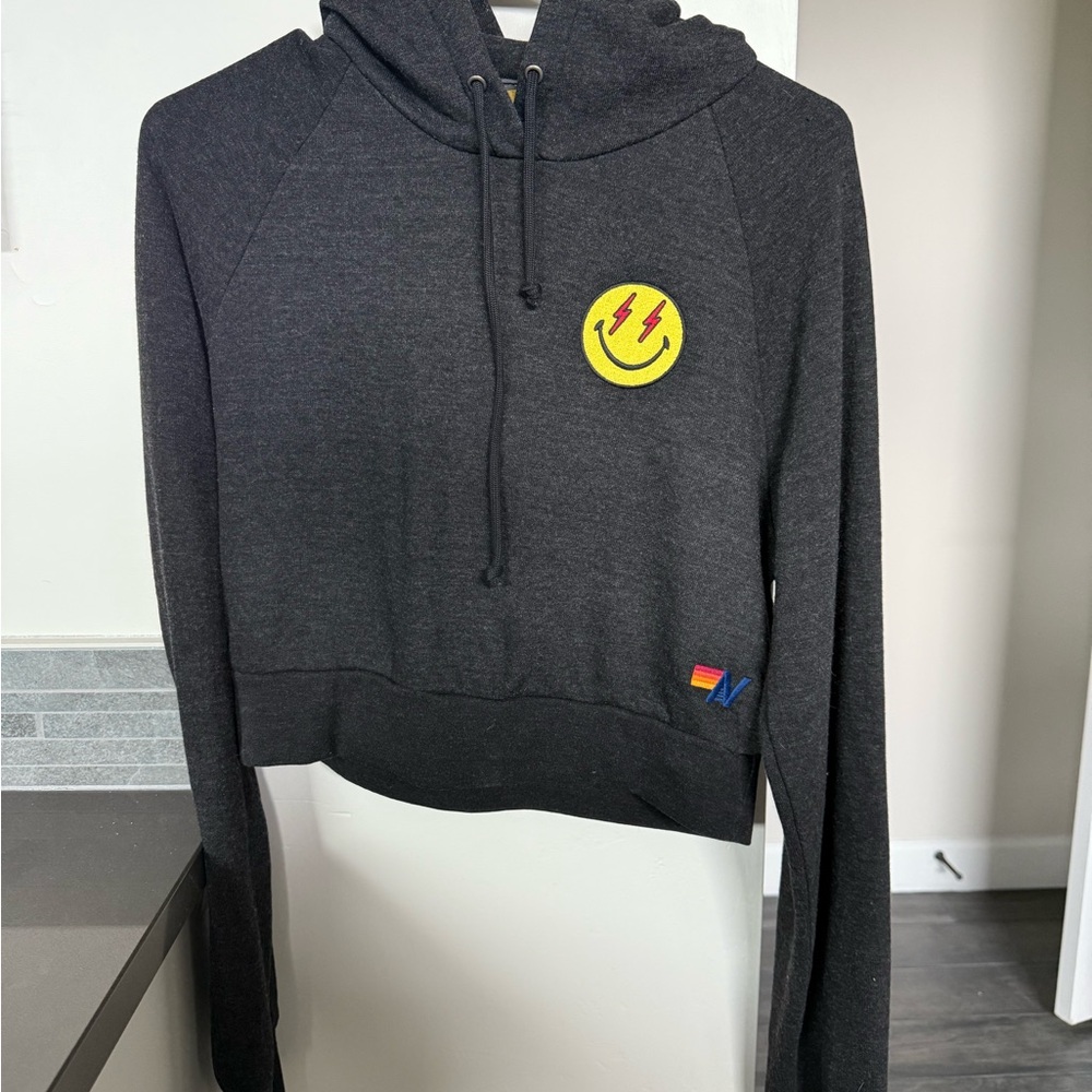 Crop Aviator Nation Black Hoodie with Yellow Smiley - Picture 3 of 6